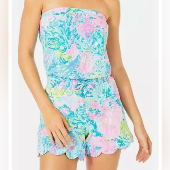 LILLY PULITZER Fish My Wish Strapless Drawstring Waist Scallop Hem Romper SZ XS